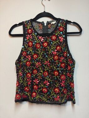 Embroidered Floral Tank Top - Black Floral.